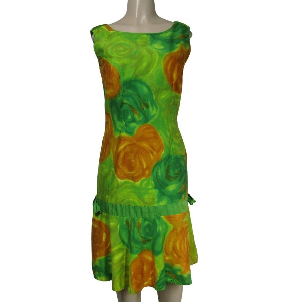 VTG 60s 70s ALICE HAWAIIAN Tropical Luau Mod Green Floral DROP WAIST Dress M